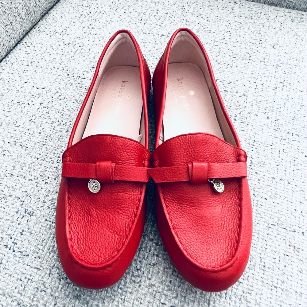 Kate Spade Red Leather Bow Charm Loafers